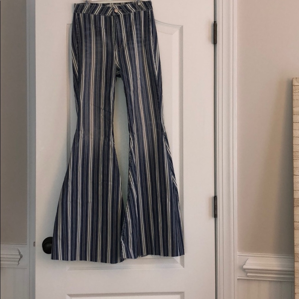 Blue and white stripe flare jeans